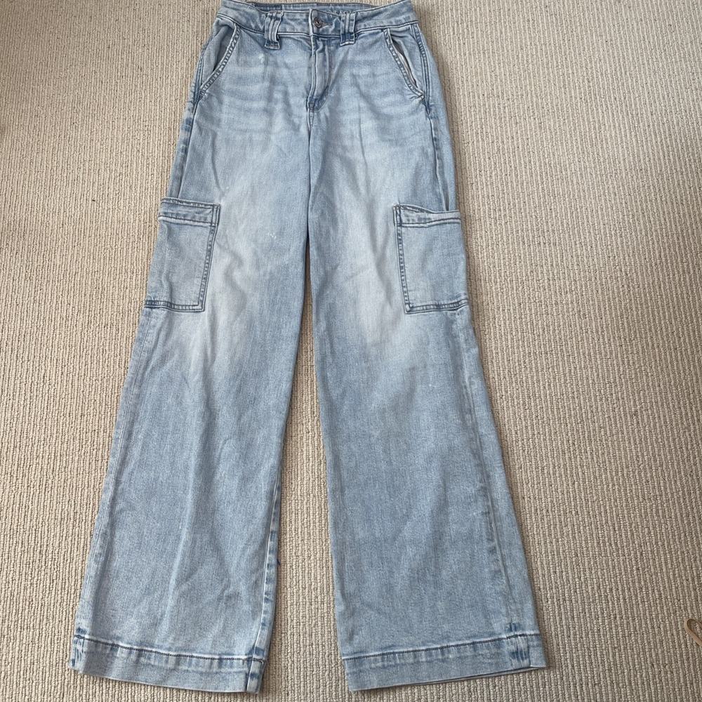 American Eagle Jeans Womens 0 Blue Super High Rise Baggy Wide Leg Cargo Stretch